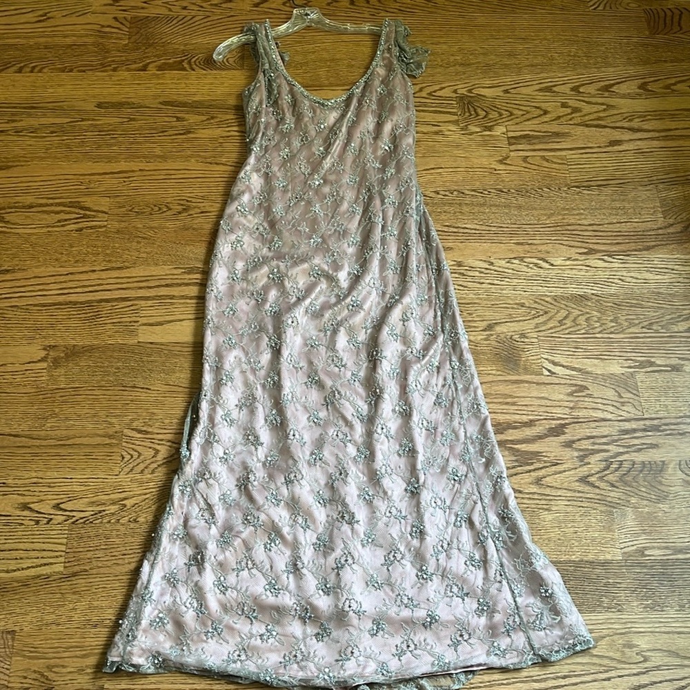 Victoria Royal Beaded Pink Evening Gown with Silver Accents